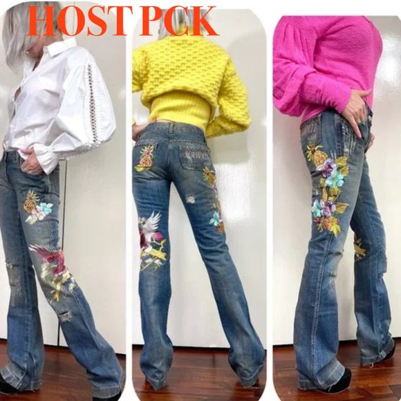 Dolce & Gabbana Denim - Auc D&G Distressed Embroidered Studded HAWAII TROPICAL Flare jeans